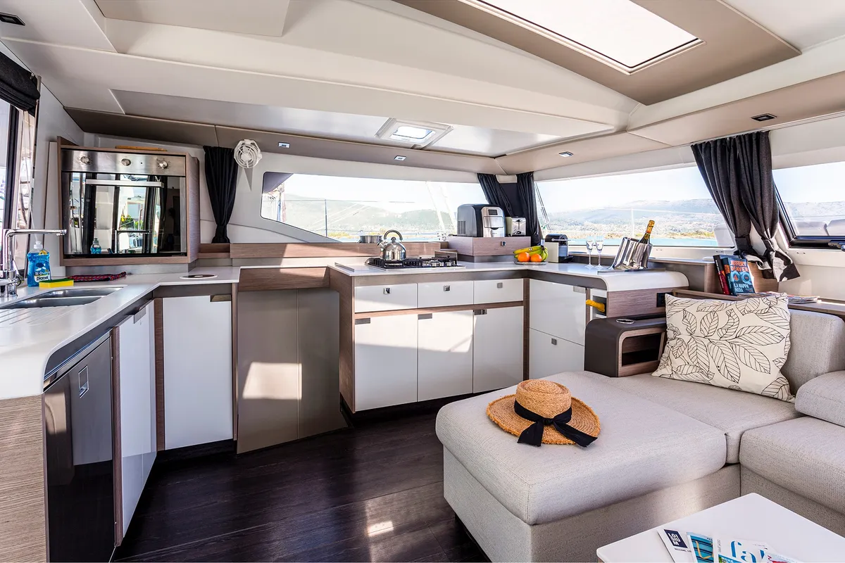 Salon of Ambrosia, a Fountaine Pajot Elba 45 catamaran at Municipal Unit of Lefkada, Greece