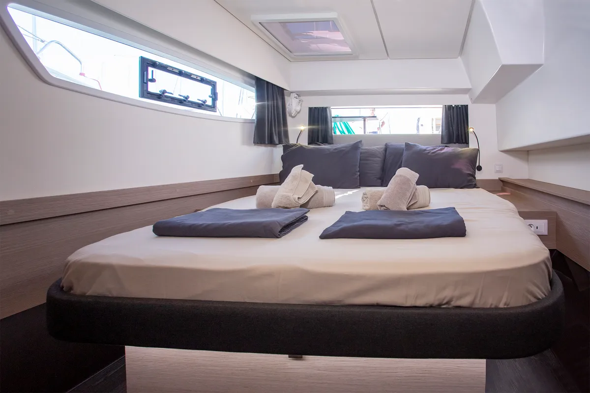 Cabin on Ambrosia, a Fountaine Pajot Elba 45 catamaran at Municipal Unit of Lefkada, Greece
