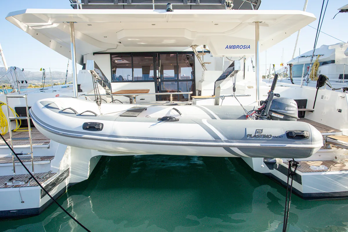 Exterior view of Ambrosia, a Fountaine Pajot Elba 45 catamaran at Municipal Unit of Lefkada, Greece