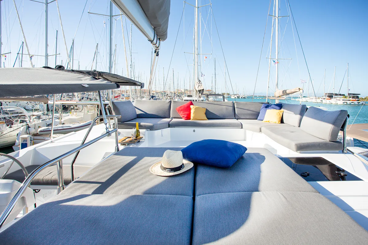 Deck of Ambrosia, a Fountaine Pajot Elba 45 catamaran at Municipal Unit of Lefkada, Greece