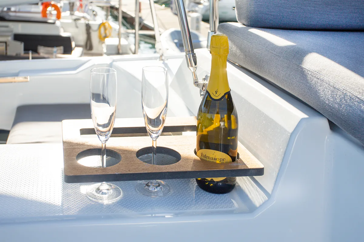 Deck of Ambrosia, a Fountaine Pajot Elba 45 catamaran at Municipal Unit of Lefkada, Greece