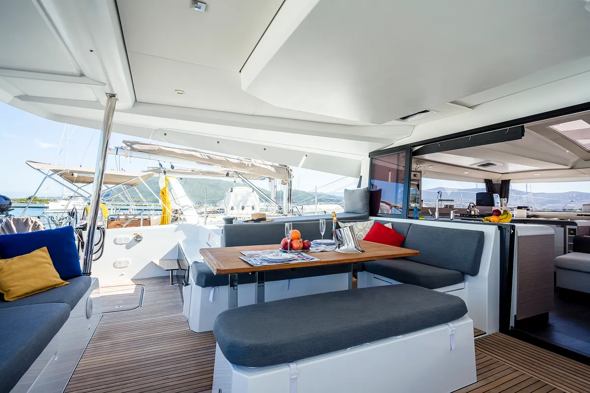 Deck of Ambrosia, a Fountaine Pajot Elba 45 catamaran at Municipal Unit of Lefkada, Greece