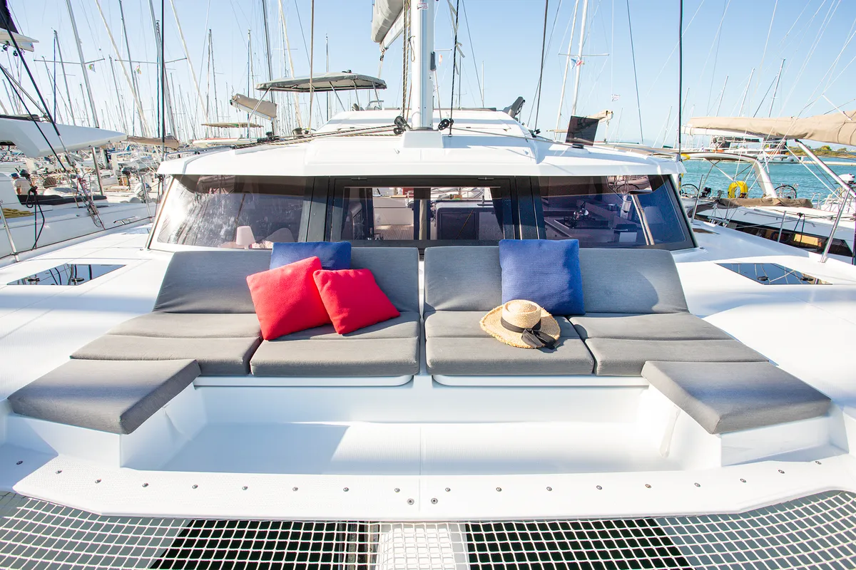 Deck of Ambrosia, a Fountaine Pajot Elba 45 catamaran at Municipal Unit of Lefkada, Greece