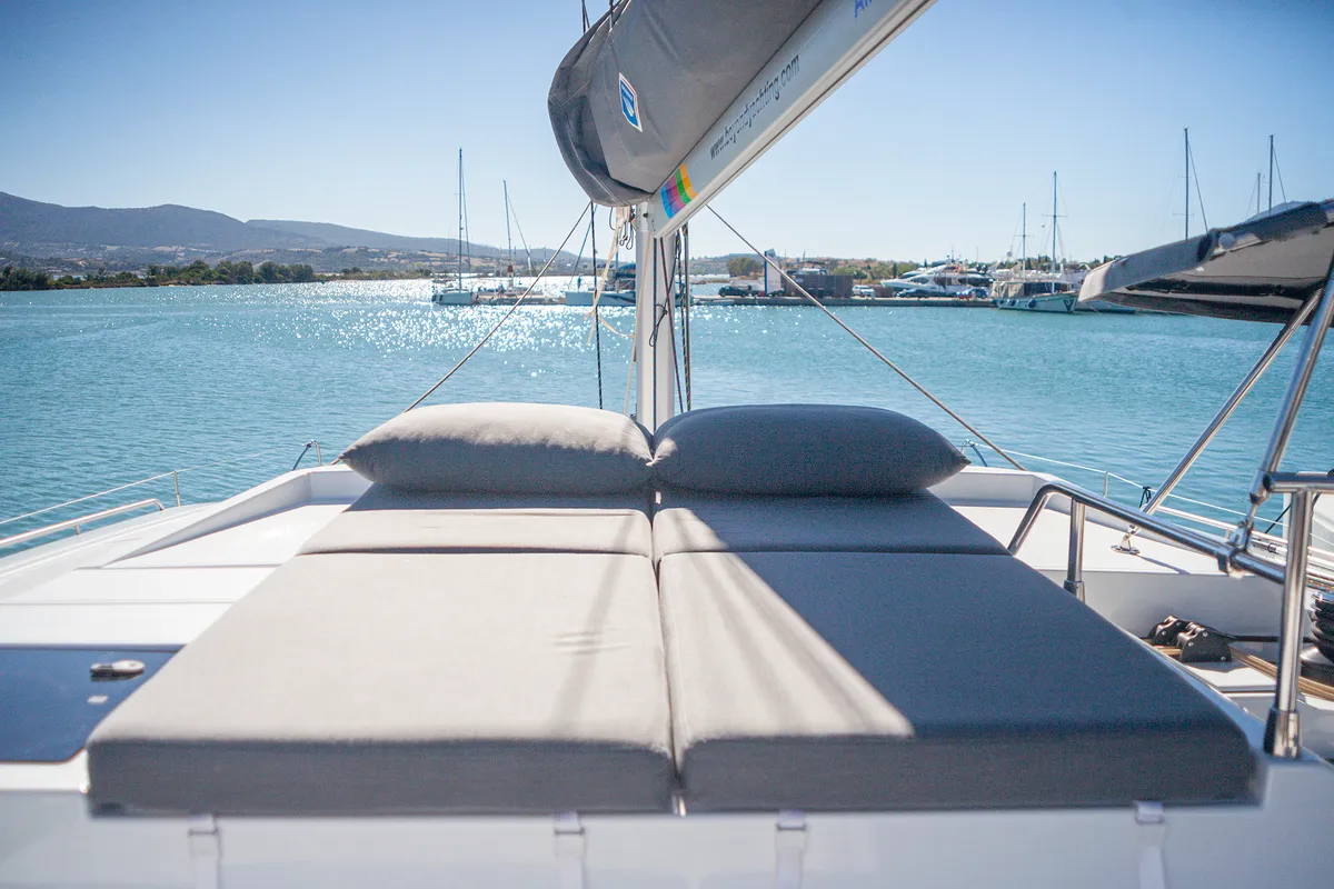 Deck of Ambrosia, a Fountaine Pajot Elba 45 catamaran at Municipal Unit of Lefkada, Greece