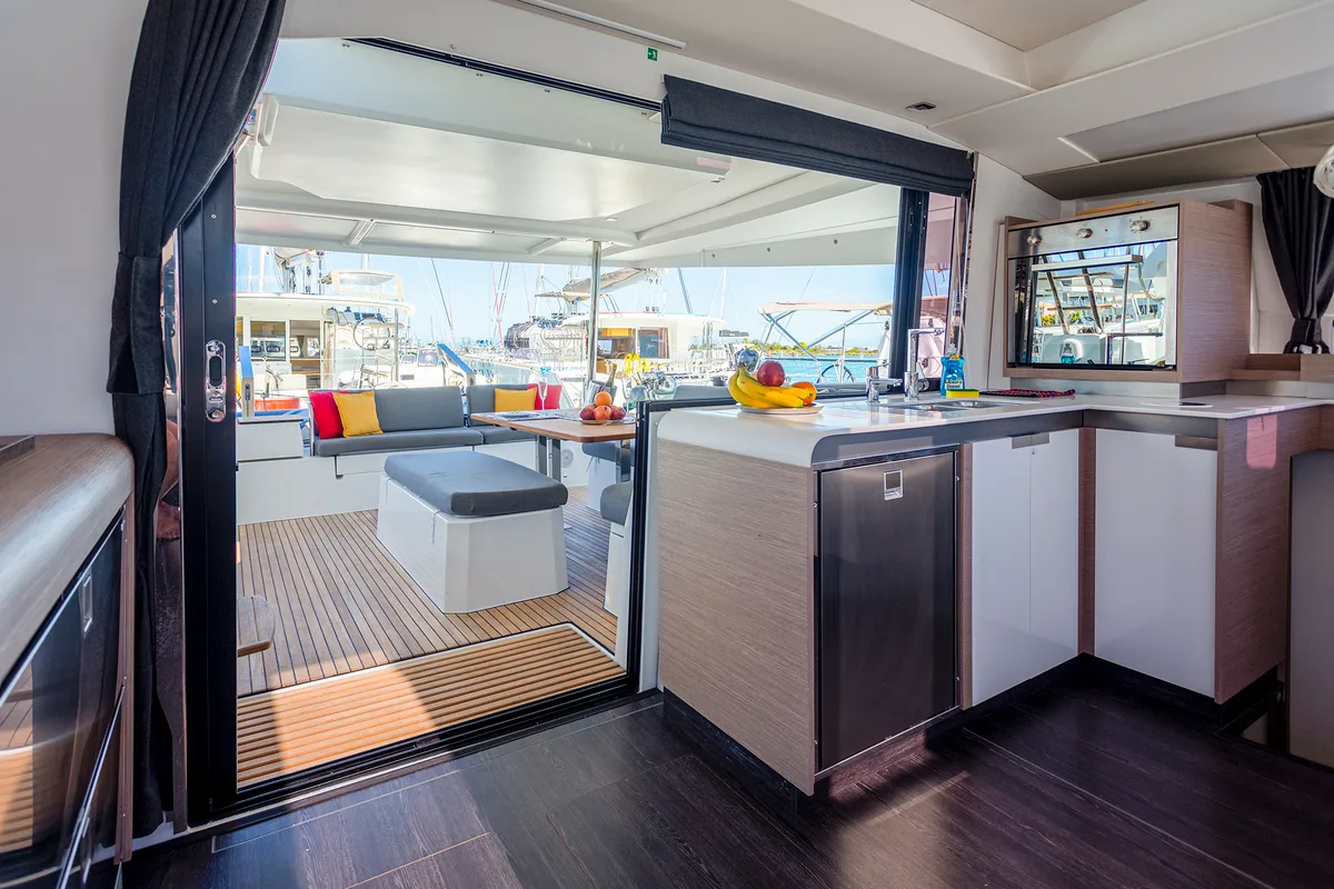Exterior view of Ambrosia, a Fountaine Pajot Elba 45 catamaran at Municipal Unit of Lefkada, Greece