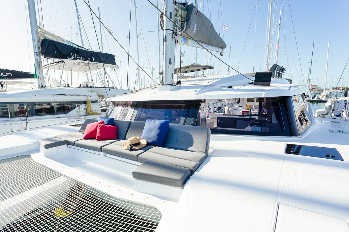 Deck of Ambrosia, a Fountaine Pajot Elba 45 catamaran at Municipal Unit of Lefkada, Greece