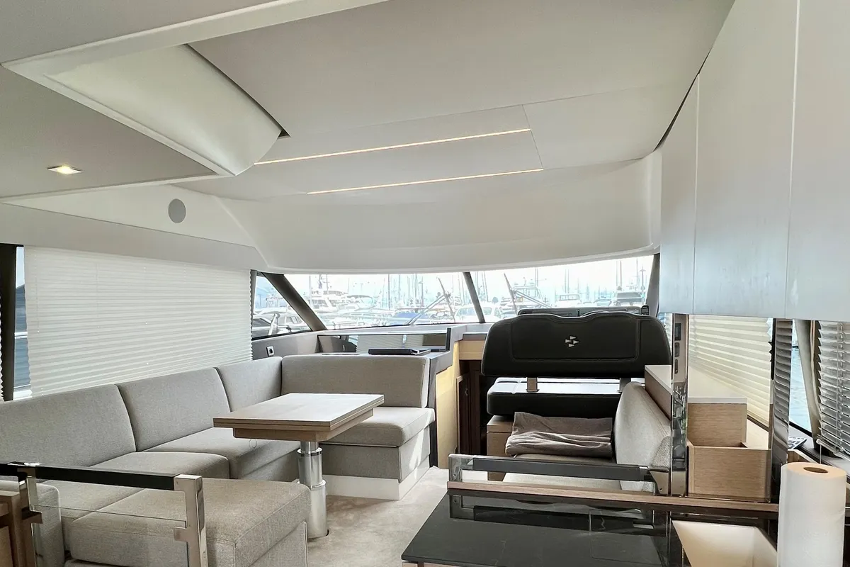 Salon of Perfect Life, a Prestige 460 motorboat at Palma de Mallorca, Spain