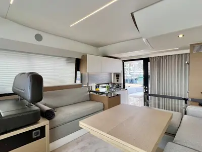 Salon of Perfect Life, a Prestige 460 motorboat at Palma de Mallorca, Spain