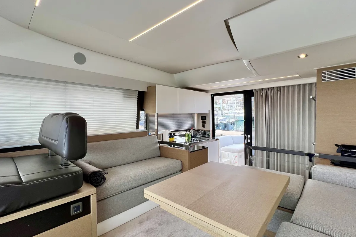 Salon of Perfect Life, a Prestige 460 motorboat at Palma de Mallorca, Spain