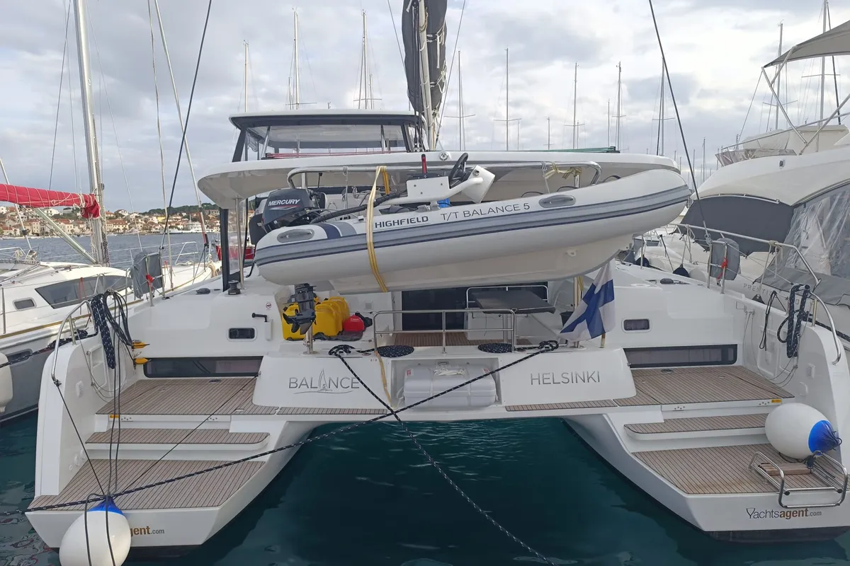 Exterior view of Balance V, a Lagoon 42 catamaran at Općina Rogoznica, Croatia