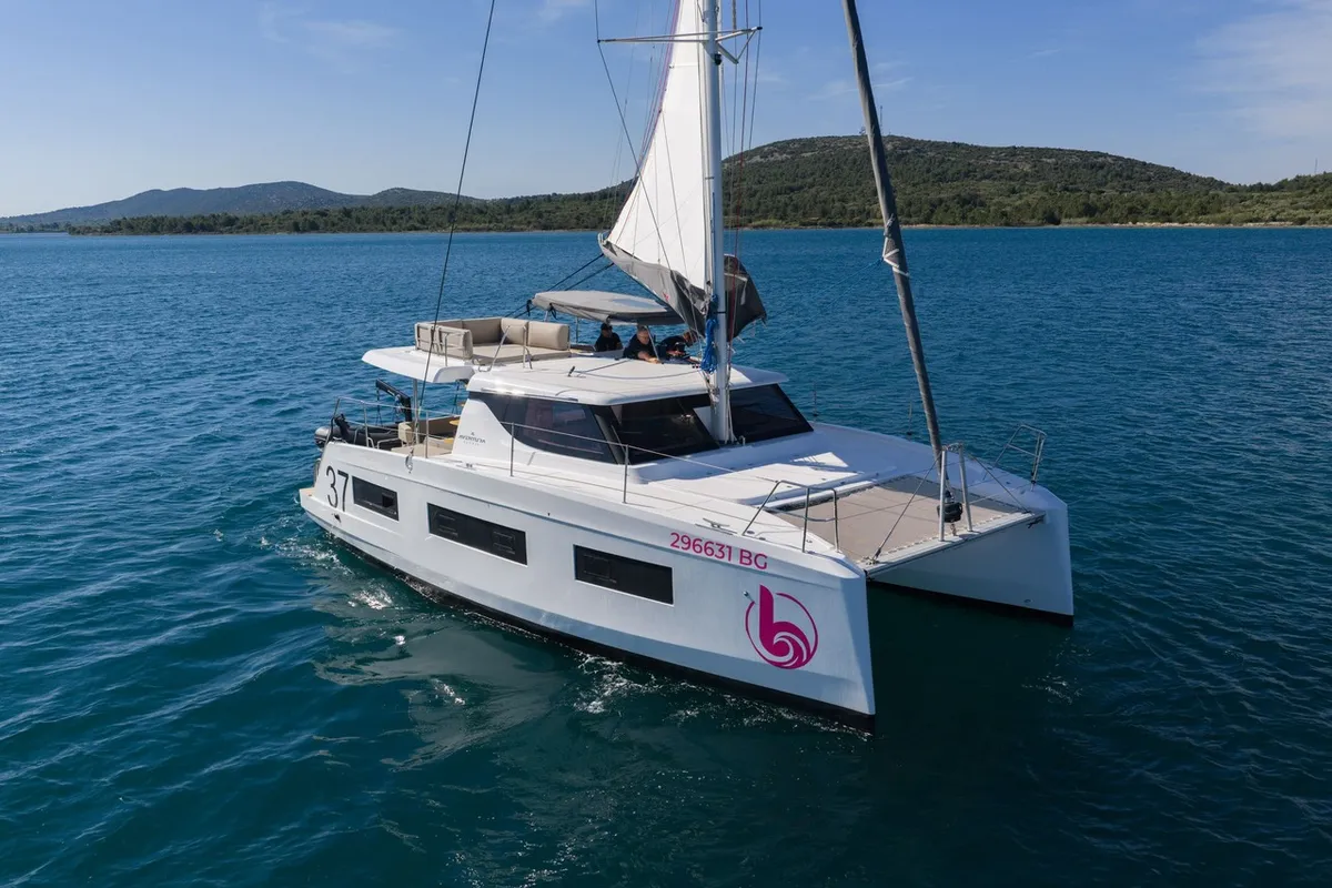 Exterior view of Freya II, a Aventura 37 catamaran at Pirovac, Croatia