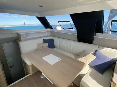 Salon of Freya II, a Aventura 37 catamaran at Pirovac, Croatia