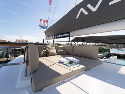 Cockpit of Freya II, a Aventura 37 catamaran at Pirovac, Croatia