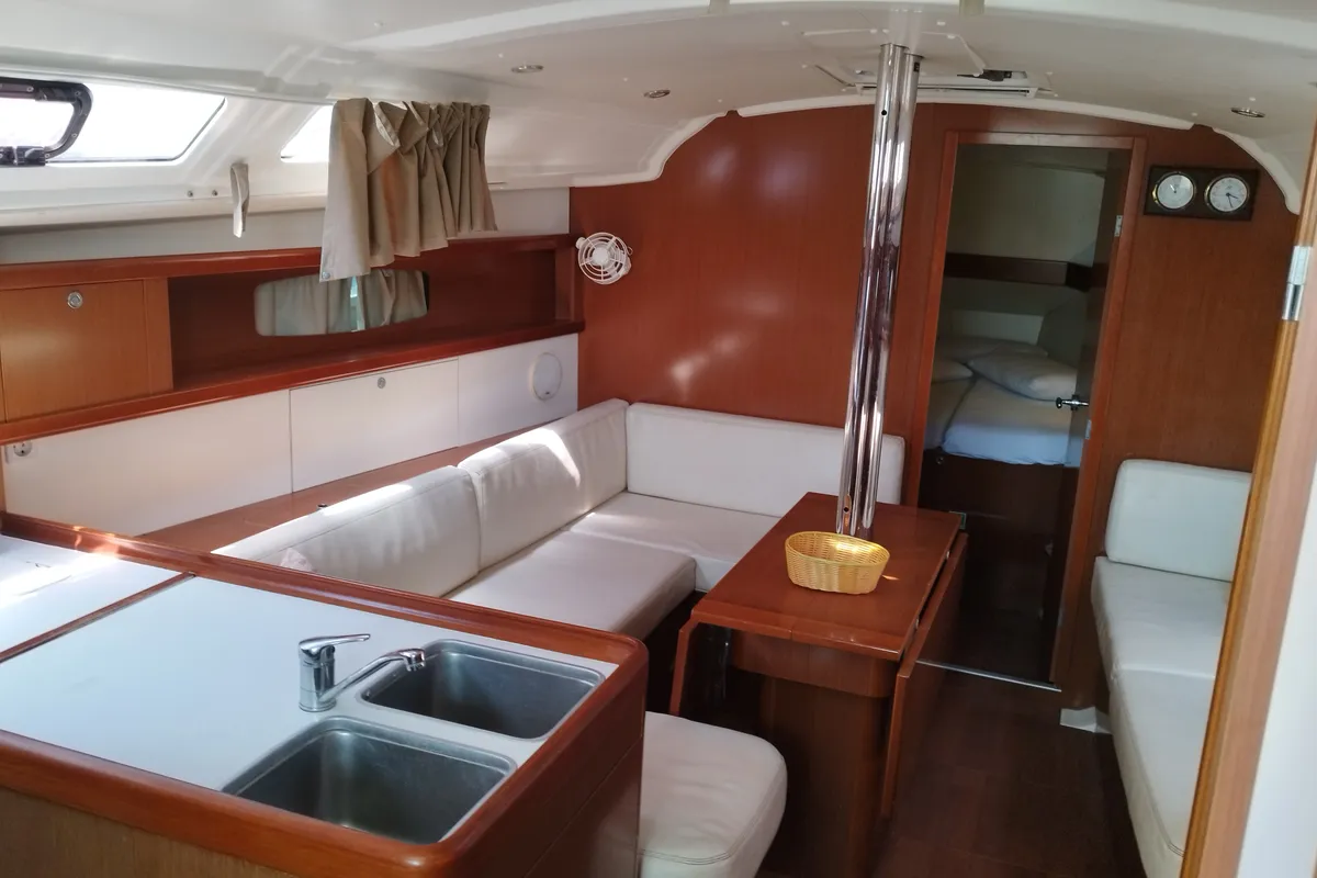 Salon of Mina, a Beneteau Oceanis 37 sailboat at Municipal Unit of Nea Peramos, Greece