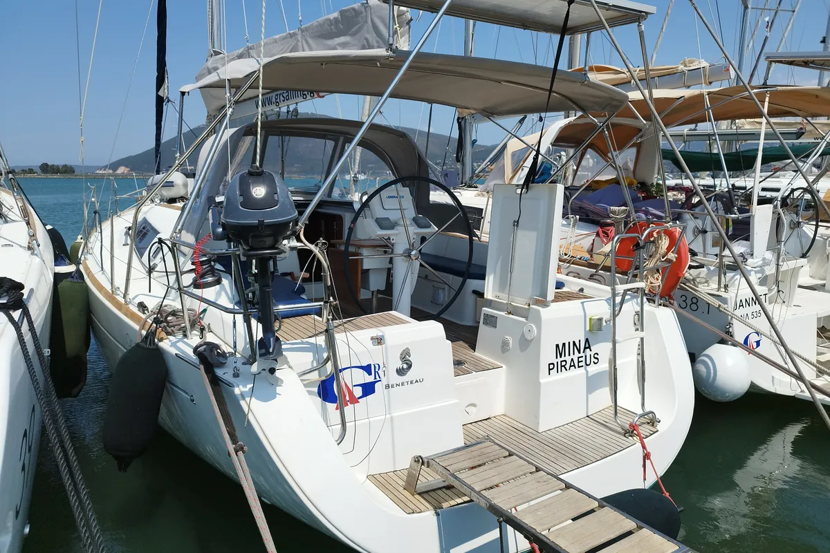 Exterior view of Mina, a Beneteau Oceanis 37 sailboat at Municipal Unit of Nea Peramos, Greece