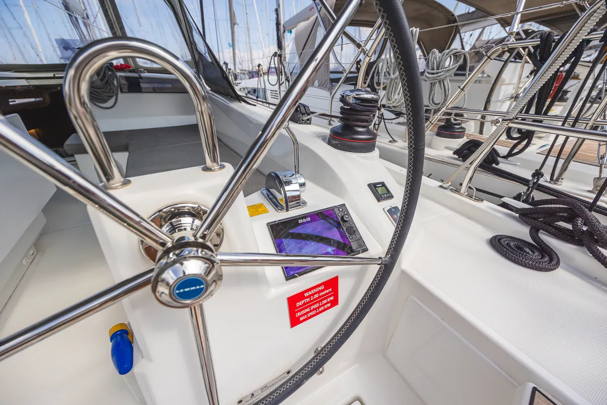 Deck of Elma, a Beneteau Oceanis 40.1 sailboat at Municipal Unit of Lefkada, Greece