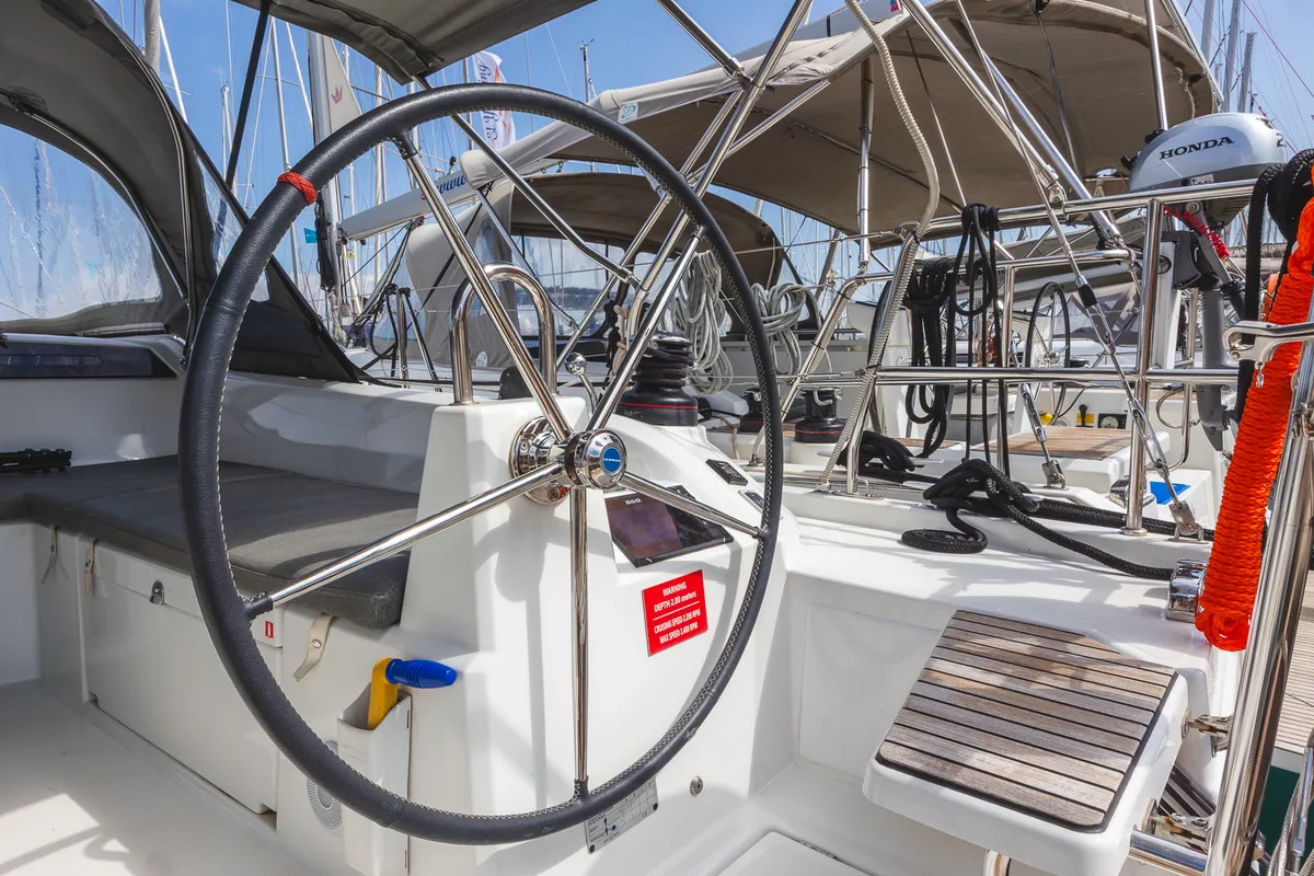 Cockpit of Elma, a Beneteau Oceanis 40.1 sailboat at Municipal Unit of Lefkada, Greece