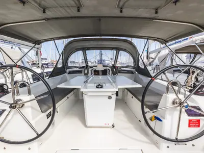 Cockpit of Elma, a Beneteau Oceanis 40.1 sailboat at Municipal Unit of Lefkada, Greece