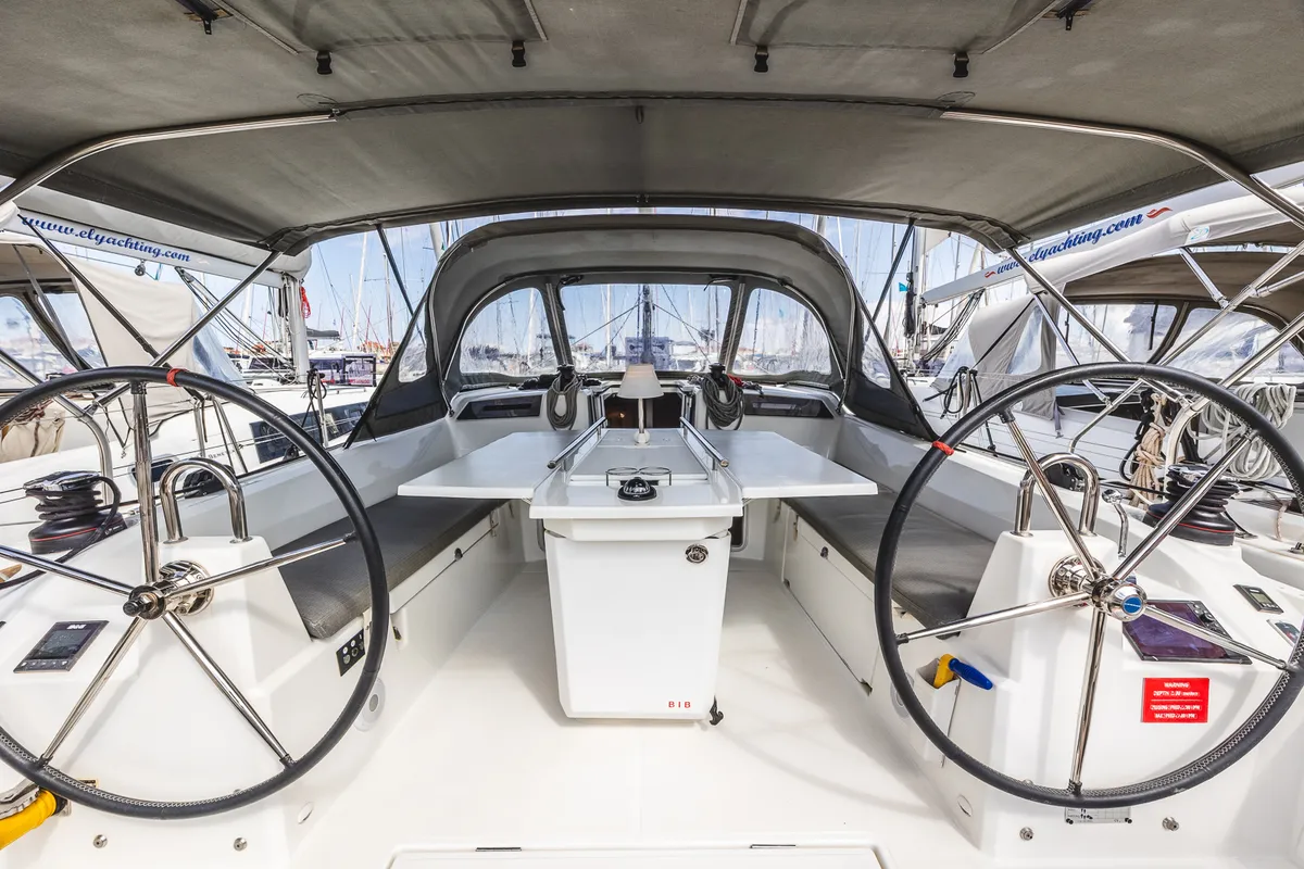 Cockpit of Elma, a Beneteau Oceanis 40.1 sailboat at Municipal Unit of Lefkada, Greece