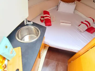 Cabin on CORRECAMINOS BEEP BEEP, a Jeanneau Cap Camarat 755WA motorboat at Sant Antoni de Portmany, Spain