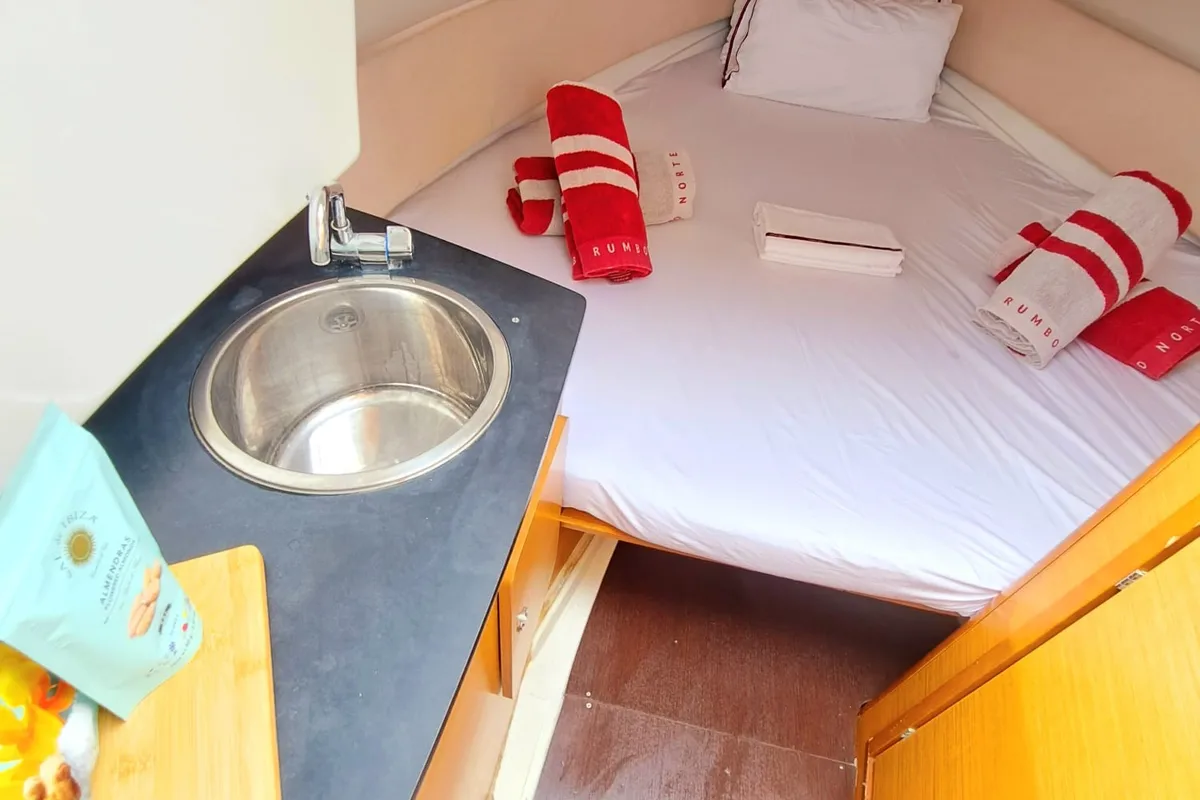 Cabin on CORRECAMINOS BEEP BEEP, a Jeanneau Cap Camarat 755WA motorboat at Sant Antoni de Portmany, Spain