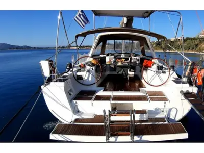 Cockpit of Zeppelin, a Beneteau Oceanis 45 sailboat at Palairos, Greece