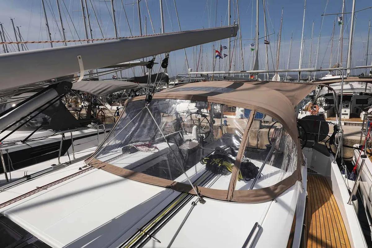 Deck of Follow your Dream, a Jeanneau Sun Odyssey 440 sailboat at Grad Biograd na Moru, Croatia