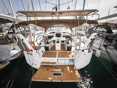 Cockpit of Follow your Dream, a Jeanneau Sun Odyssey 440 sailboat at Grad Biograd na Moru, Croatia