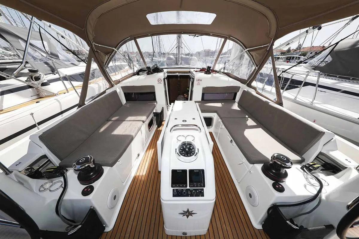 Cockpit of Follow your Dream, a Jeanneau Sun Odyssey 440 sailboat at Grad Biograd na Moru, Croatia