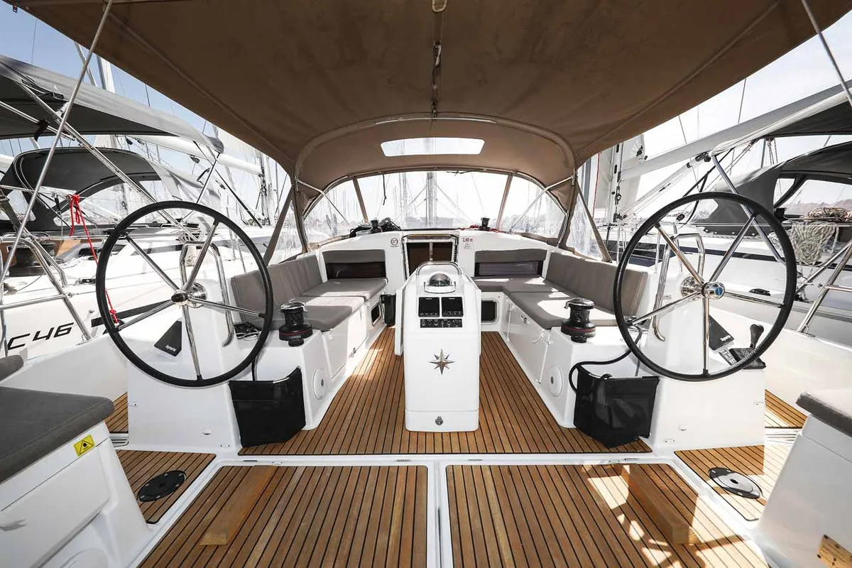 Cockpit of Follow your Dream, a Jeanneau Sun Odyssey 440 sailboat at Grad Biograd na Moru, Croatia