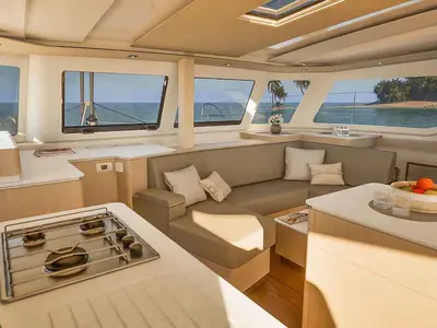 Salon of Pepper, a Fountaine Pajot FP 41 Quatuor 4 catamaran at Grad Trogir, Croatia