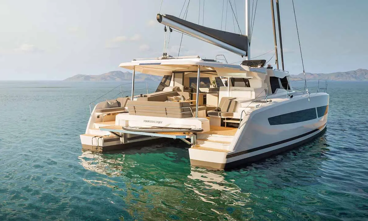 Exterior view of Pepper, a Fountaine Pajot FP 41 Quatuor 4 catamaran at Grad Trogir, Croatia