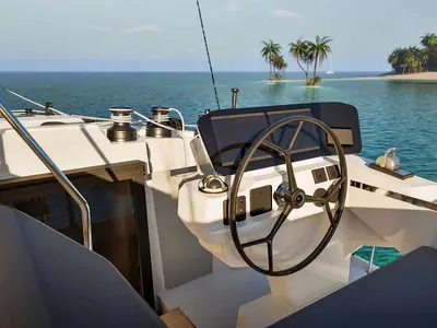 Cockpit of Pepper, a Fountaine Pajot FP 41 Quatuor 4 catamaran at Grad Trogir, Croatia
