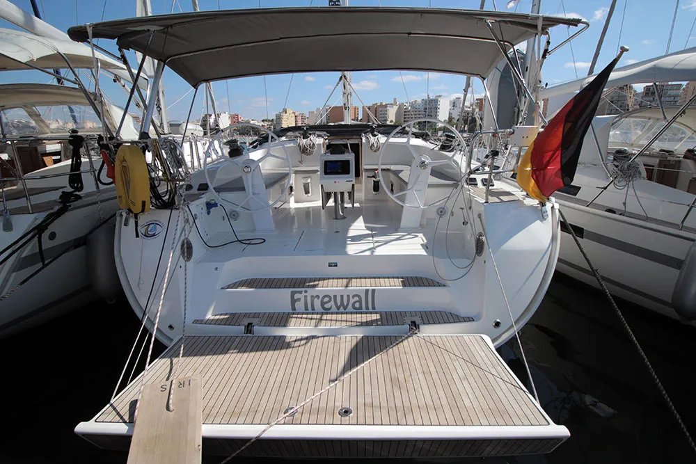 Deck of Firewall, a Bavaria Cruiser 51 sailboat at Llucmajor, Spain
