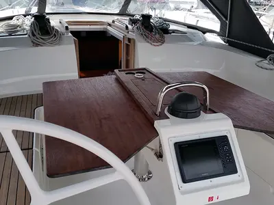 Cockpit of Firewall, a Bavaria Cruiser 51 sailboat at Llucmajor, Spain