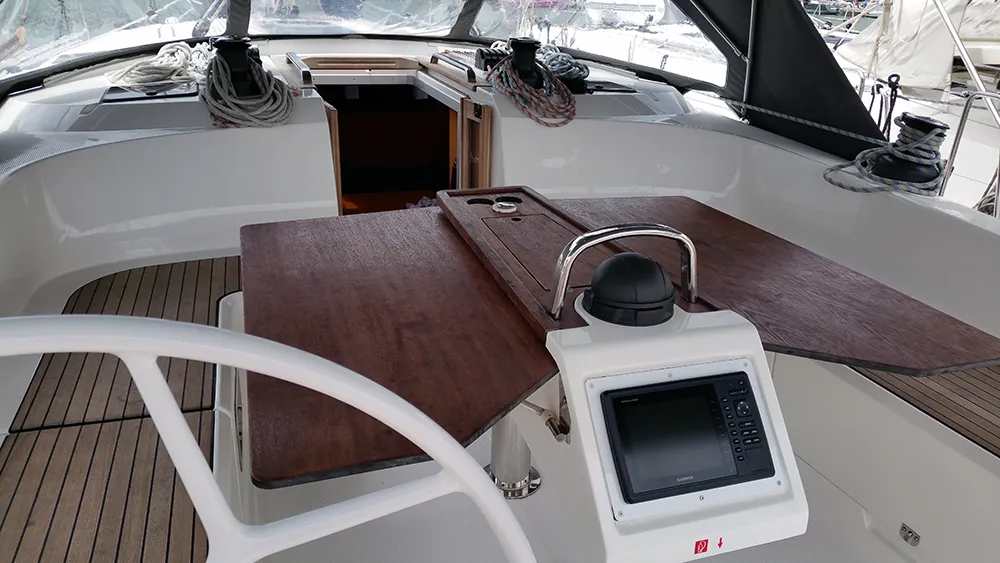 Cockpit of Firewall, a Bavaria Cruiser 51 sailboat at Llucmajor, Spain