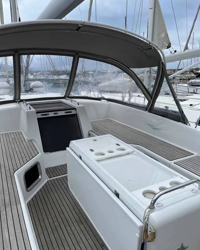 Deck of Duca del Sale, a Jeanneau 54 sailboat at Castellammare di Stabia, Italy