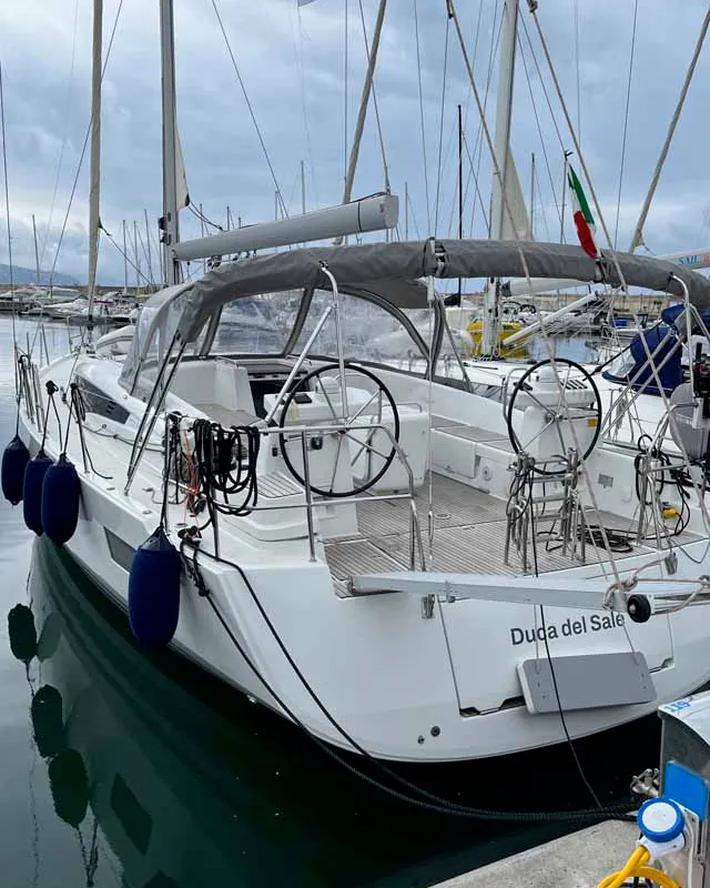 Cockpit of Duca del Sale, a Jeanneau 54 sailboat at Castellammare di Stabia, Italy