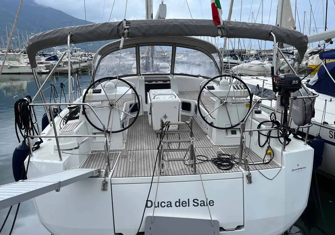 Cockpit of Duca del Sale, a Jeanneau 54 sailboat at Castellammare di Stabia, Italy