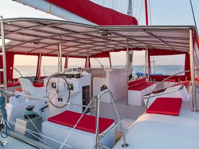 Cockpit of Poevasion, a Gulet Ocean Voyager 53 catamaran at Papeete, France
