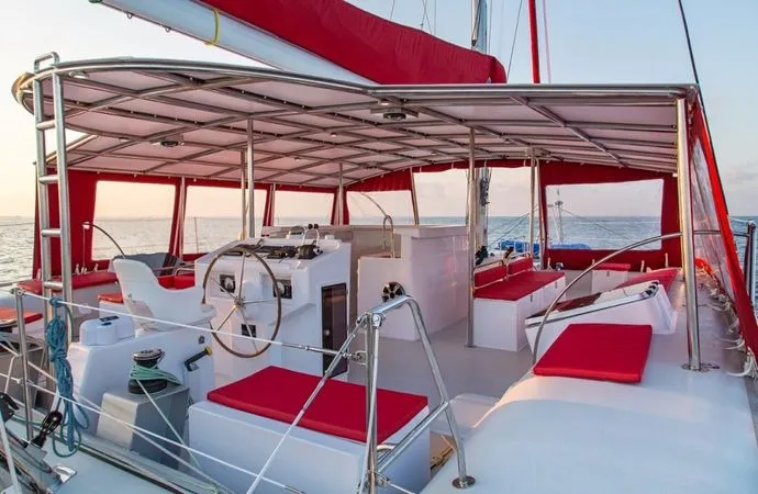 Cockpit of Poevasion, a Gulet Ocean Voyager 53 catamaran at Papeete, France