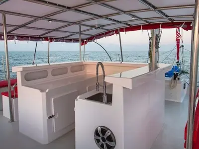 Deck of Poevasion, a Gulet Ocean Voyager 53 catamaran at Papeete, France