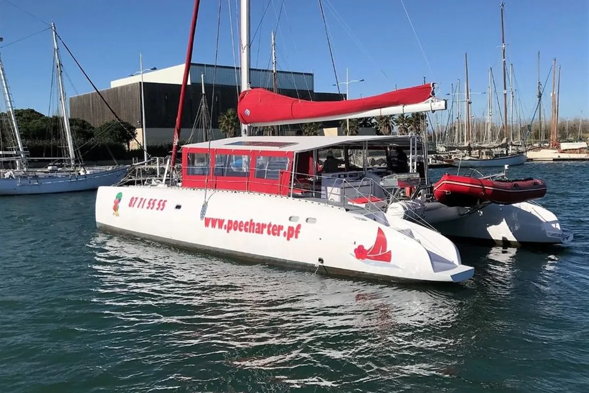 Exterior view of Poevasion, a Gulet Ocean Voyager 53 catamaran at Papeete, France
