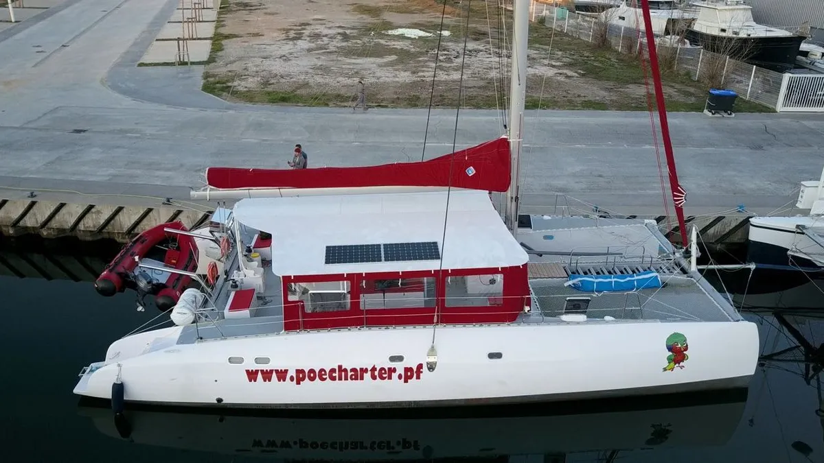 Exterior view of Poevasion, a Gulet Ocean Voyager 53 catamaran at Papeete, France