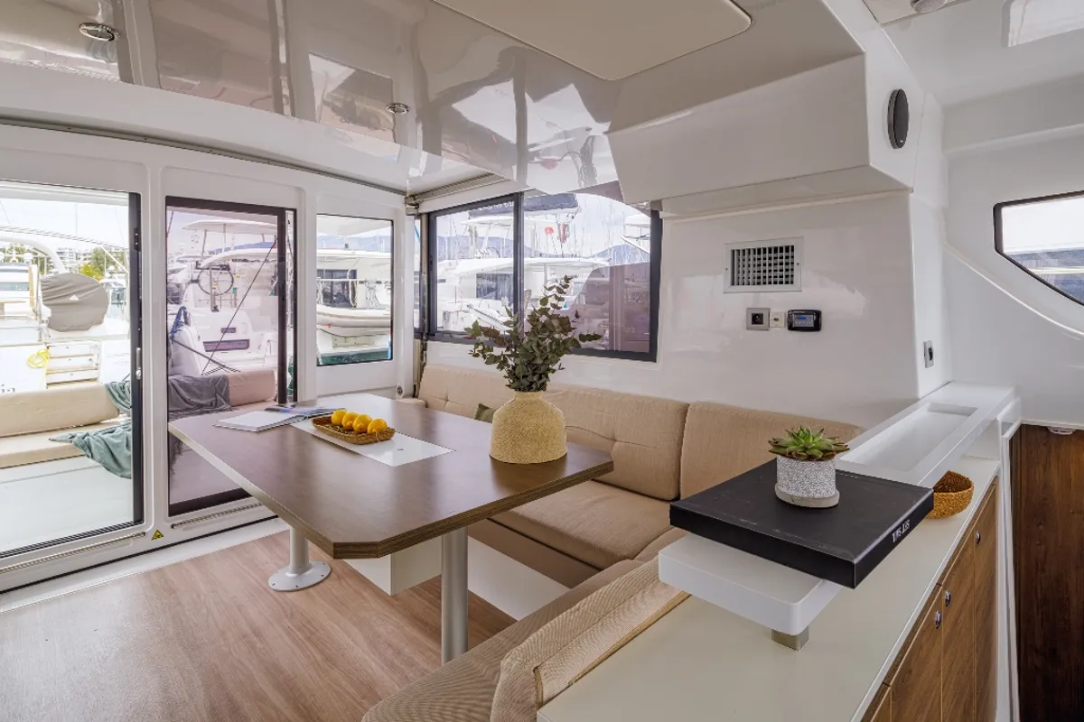 Salon of Sole Mio, a Bali Catspace catamaran at Municipal Unit of Nea Peramos, Greece