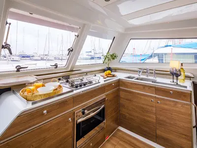 Galley of Sole Mio, a Bali Catspace catamaran at Municipal Unit of Nea Peramos, Greece