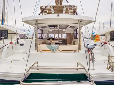 Deck of Sole Mio, a Bali Catspace catamaran at Municipal Unit of Nea Peramos, Greece