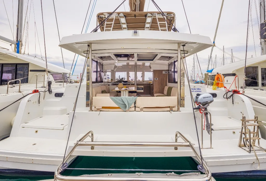 Deck of Sole Mio, a Bali Catspace catamaran at Municipal Unit of Nea Peramos, Greece