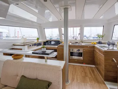Cockpit of Sole Mio, a Bali Catspace catamaran at Municipal Unit of Nea Peramos, Greece