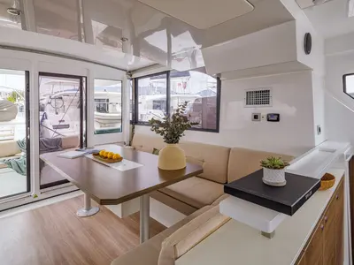 Salon of Sole Mio, a Bali Catspace catamaran at Nea Peramos, Greece